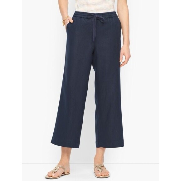 NWOT‎ TALBOTS Women’s Wide Leg Crop Pants Sz 16W Navy 100% linen pull on Beach - Picture 1 of 14